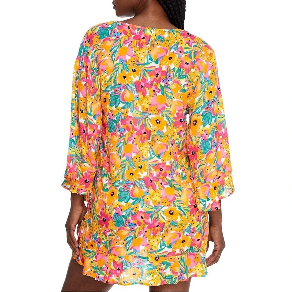Anne Cole XL XXL Floral Tunic Swim Cover Up Pink Orange Green Rayon Beach